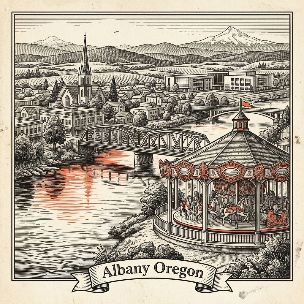 Engraved Albany OR city illustration – Official Translations certified translation services from $29.95 per page