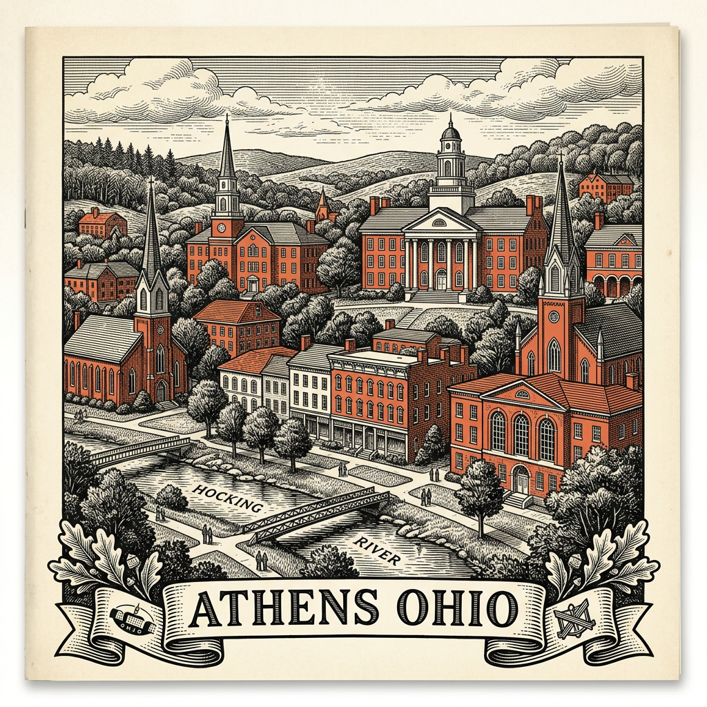Engraved Athens OH city illustration – Official Translations certified translation services from $29.95 per page