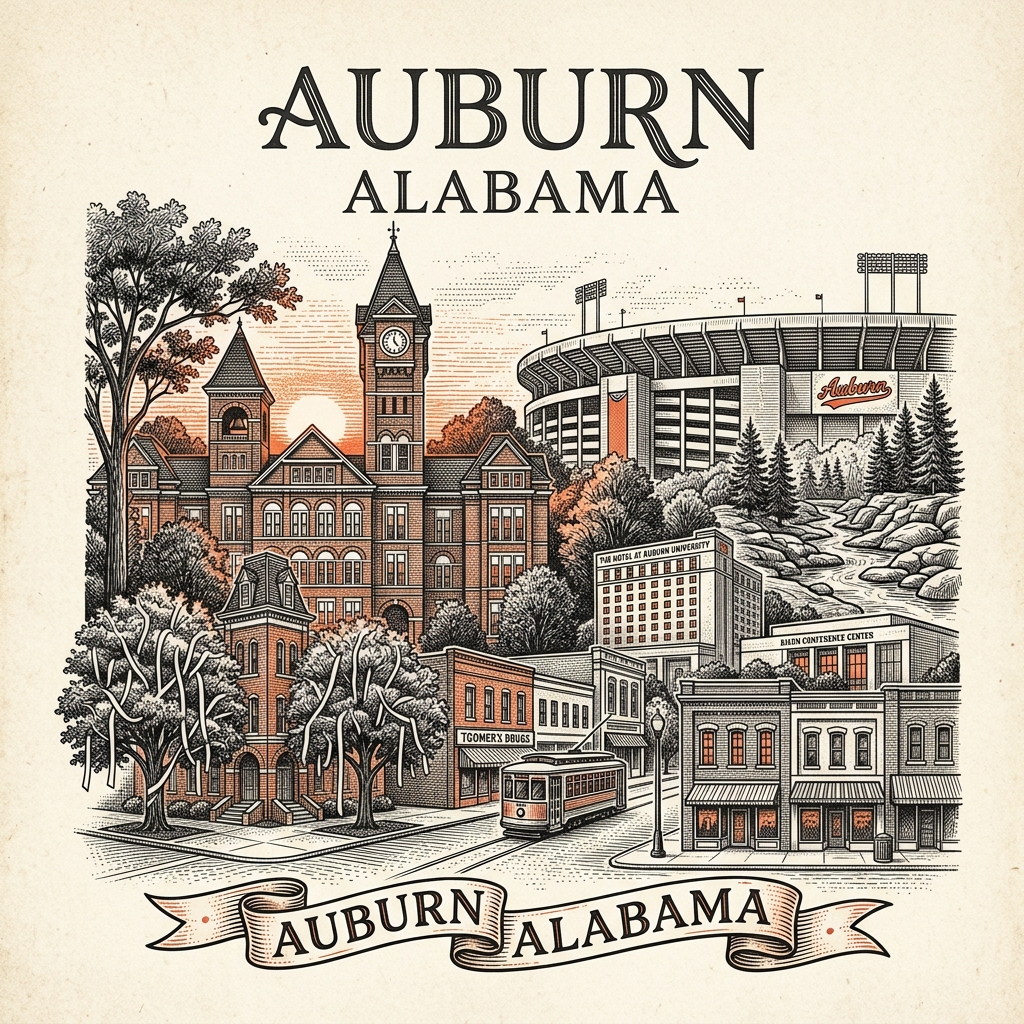 Engraved Auburn WA city illustration – Official Translations certified translation services from $29.95 per page