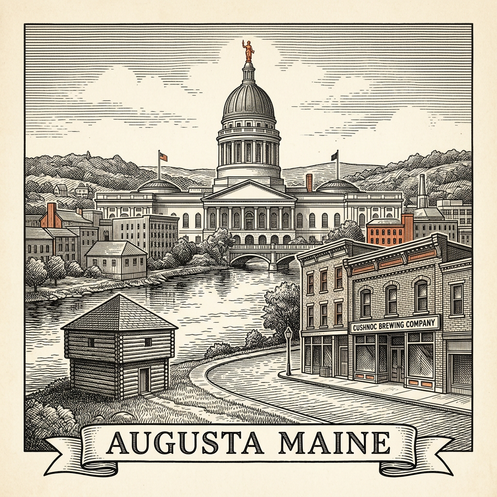 Engraved Augusta ME city illustration – Official Translations certified translation services from $29.95 per page