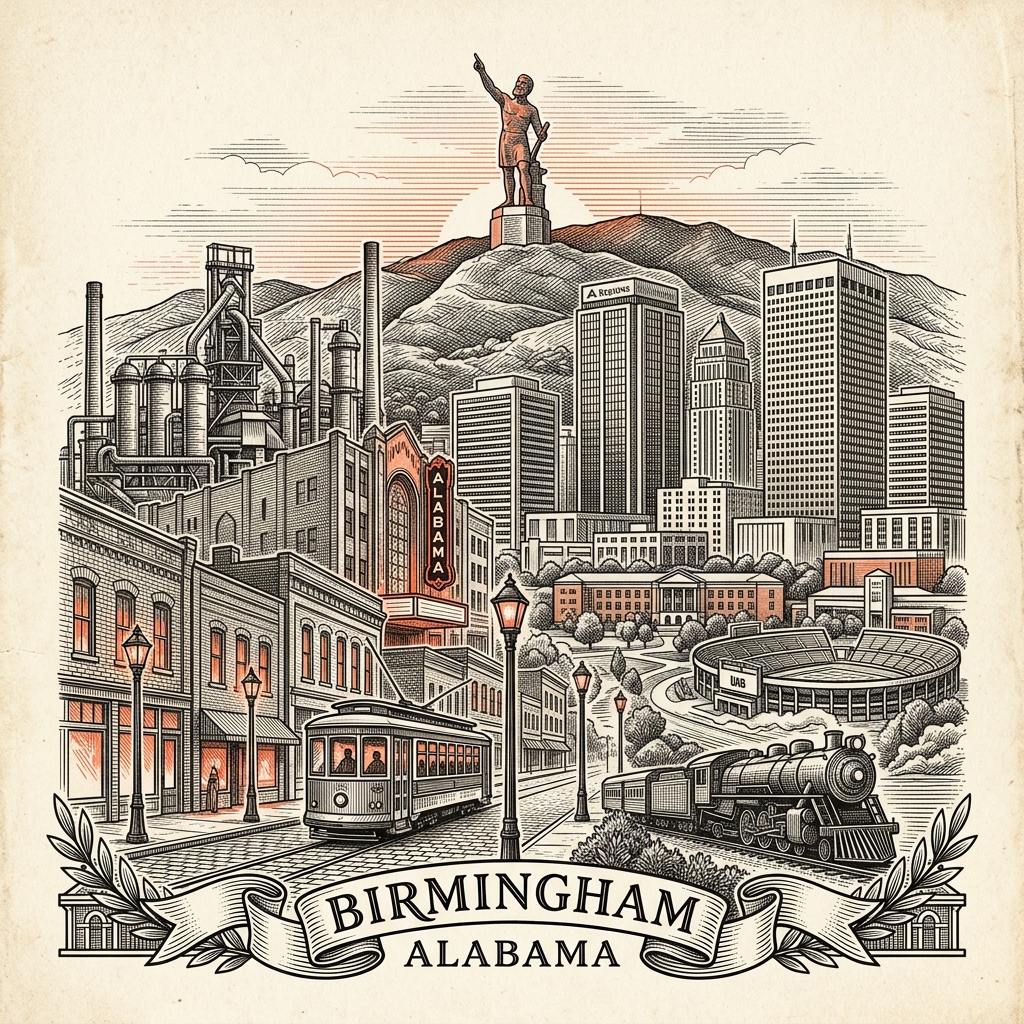 Engraved Birmingham England city illustration – Library of Birmingham gold rings, Bullring Selfridges silver disc facade, Rotunda tower, Council House clock, St Martin in the Bull Ring – Official Translations certified translation services from £29.95 per page