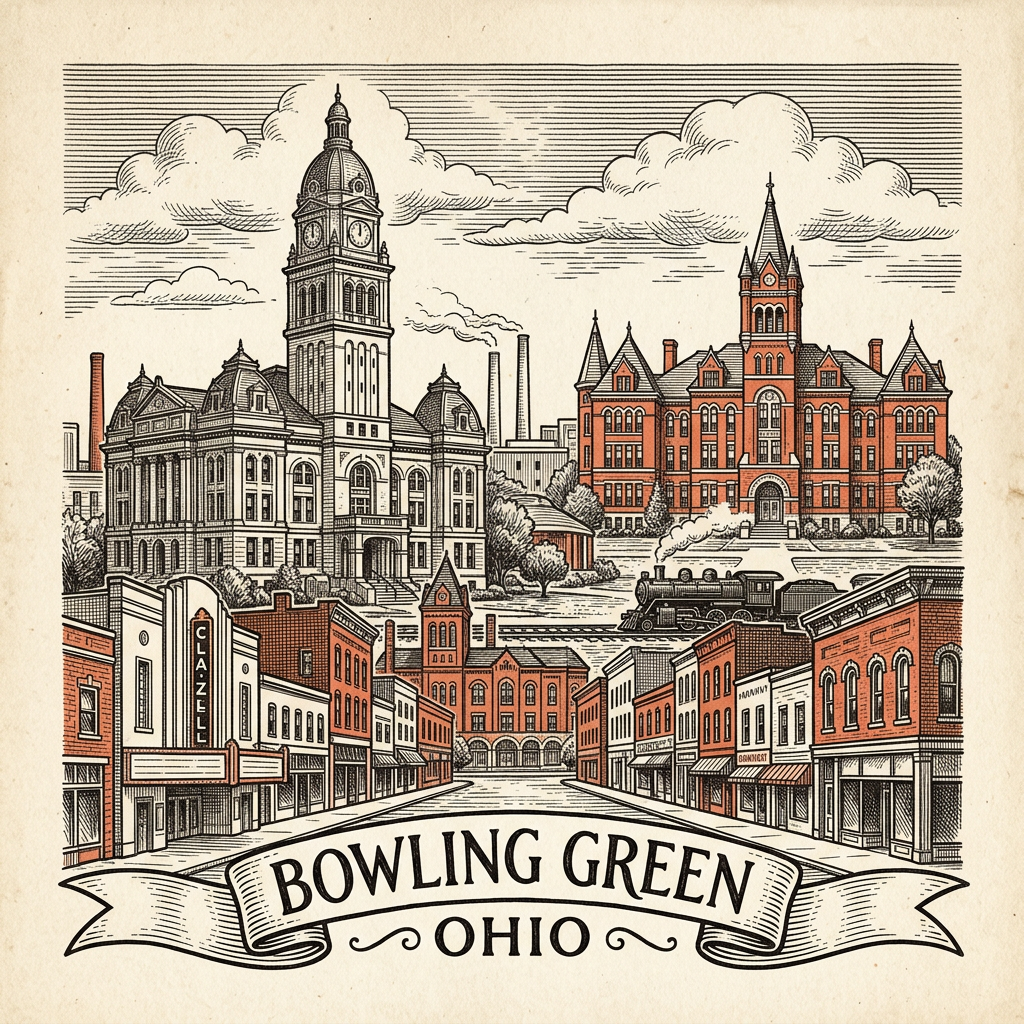 Engraved Bowling Green OH city illustration – Official Translations certified translation services from $29.95 per page