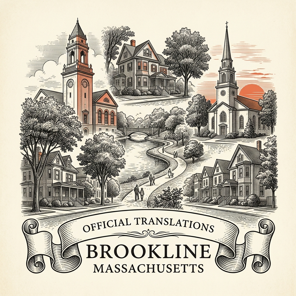 Engraved Brookline MA city illustration – Official Translations certified translation services from $29.95 per page