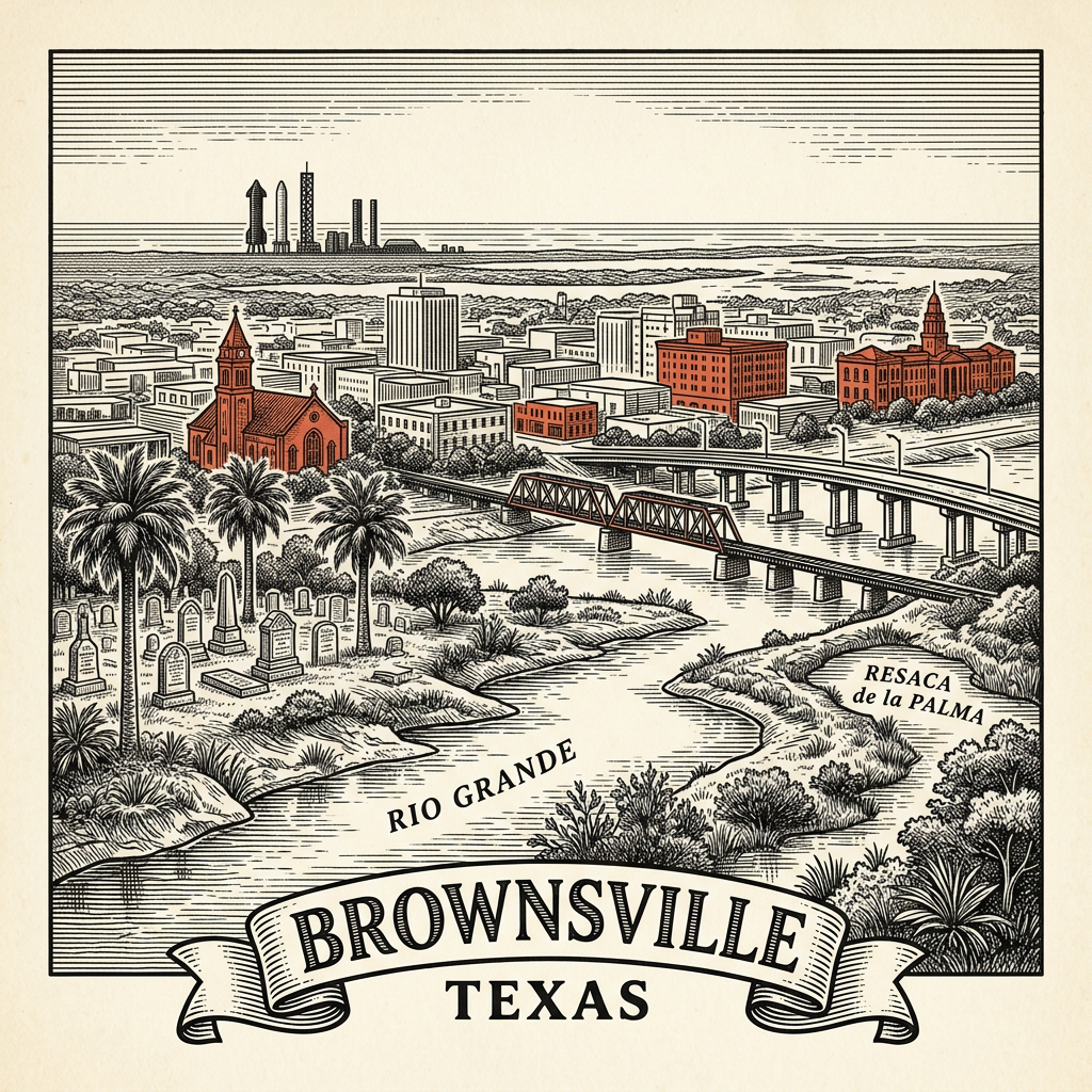 Engraved Brownsville TX city illustration – Official Translations certified translation services from $29.95 per page