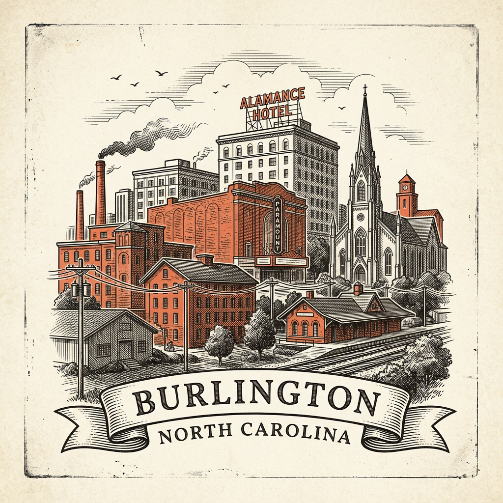 Engraved Burlington NC city illustration – Official Translations certified translation services from $29.95 per page