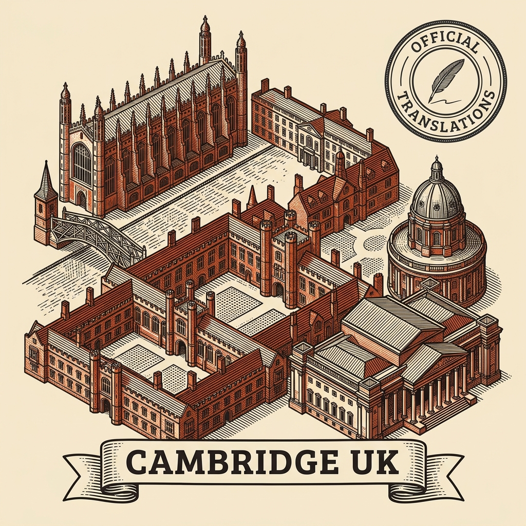 Engraved Cambridge England city illustration – King's College Chapel pinnacles, Mathematical Bridge, Trinity College Great Court, Senate House dome, Fitzwilliam Museum portico – Official Translations certified translation services from £29.95 per page
