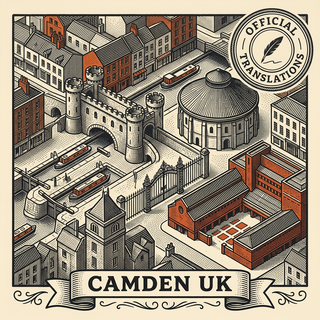 Engraved Camden England city illustration – Camden Lock bridge, Roundhouse, Regent's Canal locks, Camden Market gates, British Library forecourt – Official Translations certified translation services from £29.95 per page