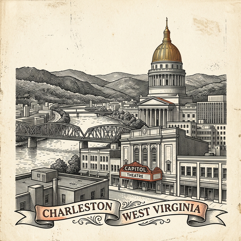 Engraved Charleston WV city illustration – Official Translations certified translation services from $29.95 per page