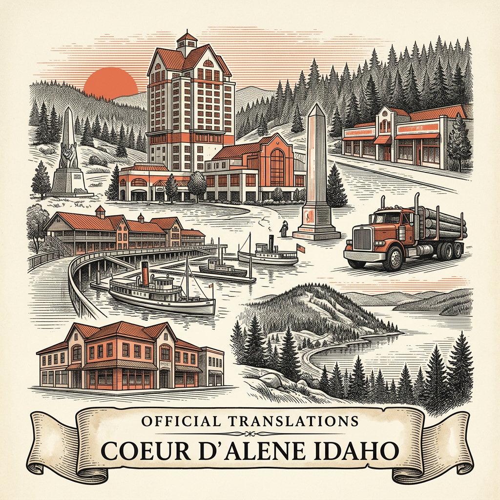 Engraved Coeur D Alene ID city illustration – Official Translations certified translation services from $29.95 per page