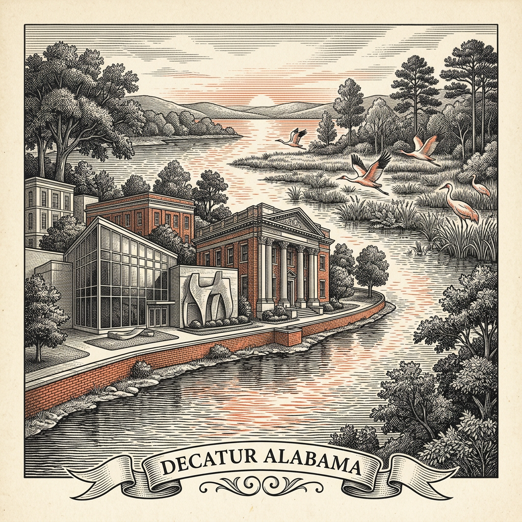 Engraved Decatur AL city illustration – Official Translations certified translation services from $29.95 per page