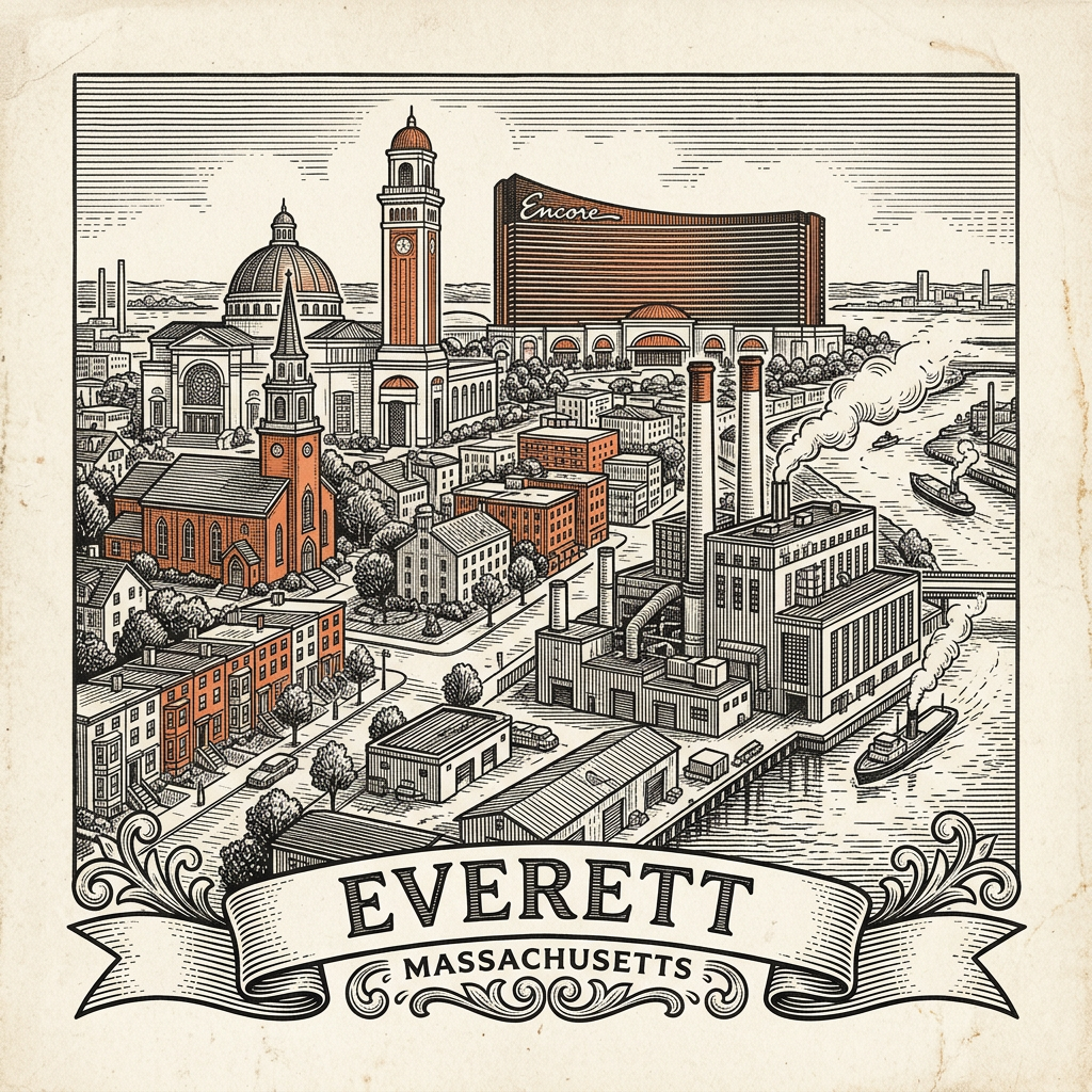 Engraved Everett MA city illustration – Official Translations certified translation services from $29.95 per page