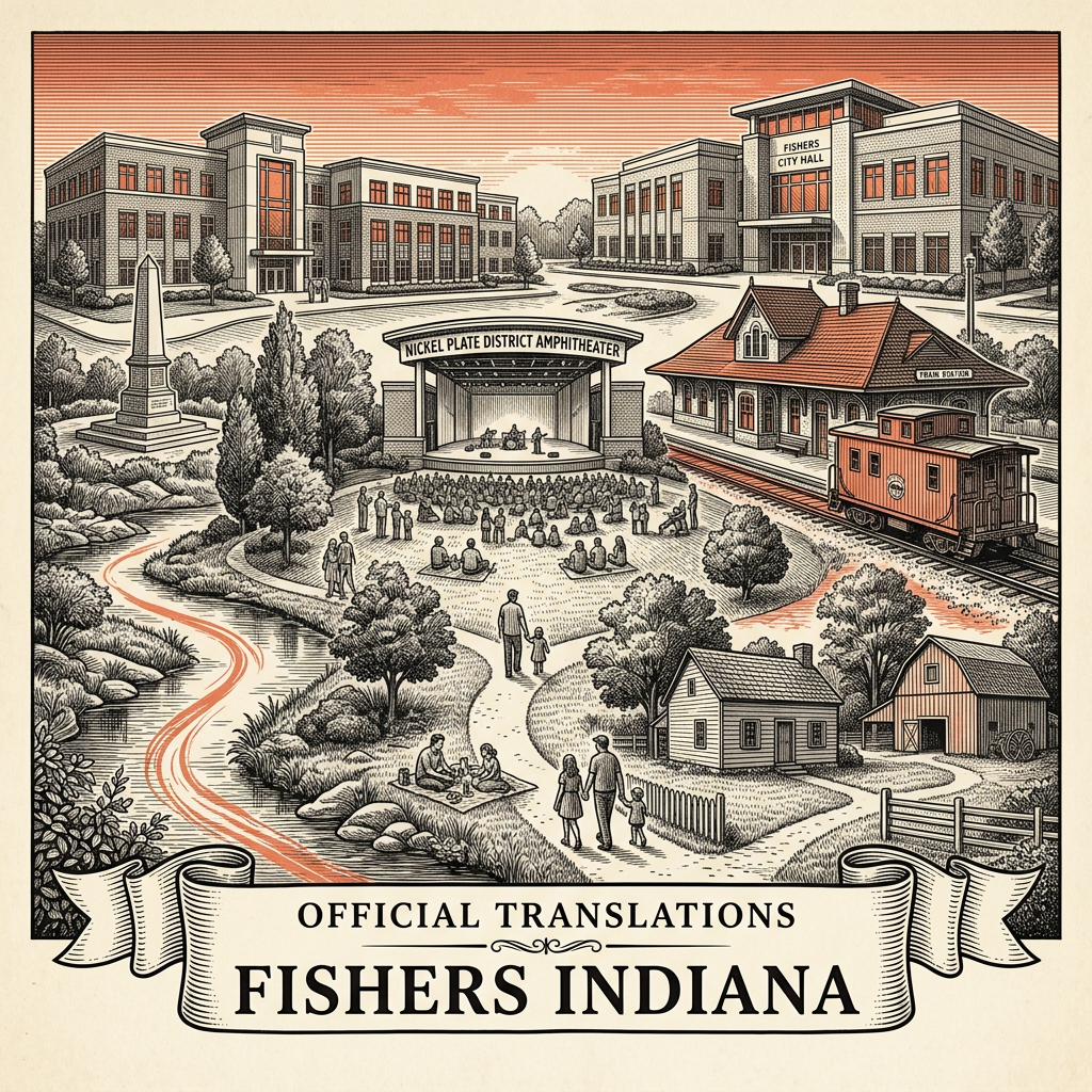 Engraved Fishers IN city illustration – Official Translations certified translation services from $29.95 per page