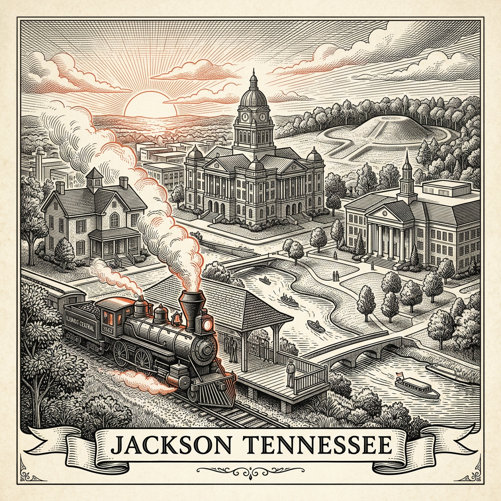 Engraved Jackson TN city illustration – Official Translations certified translation services from $29.95 per page