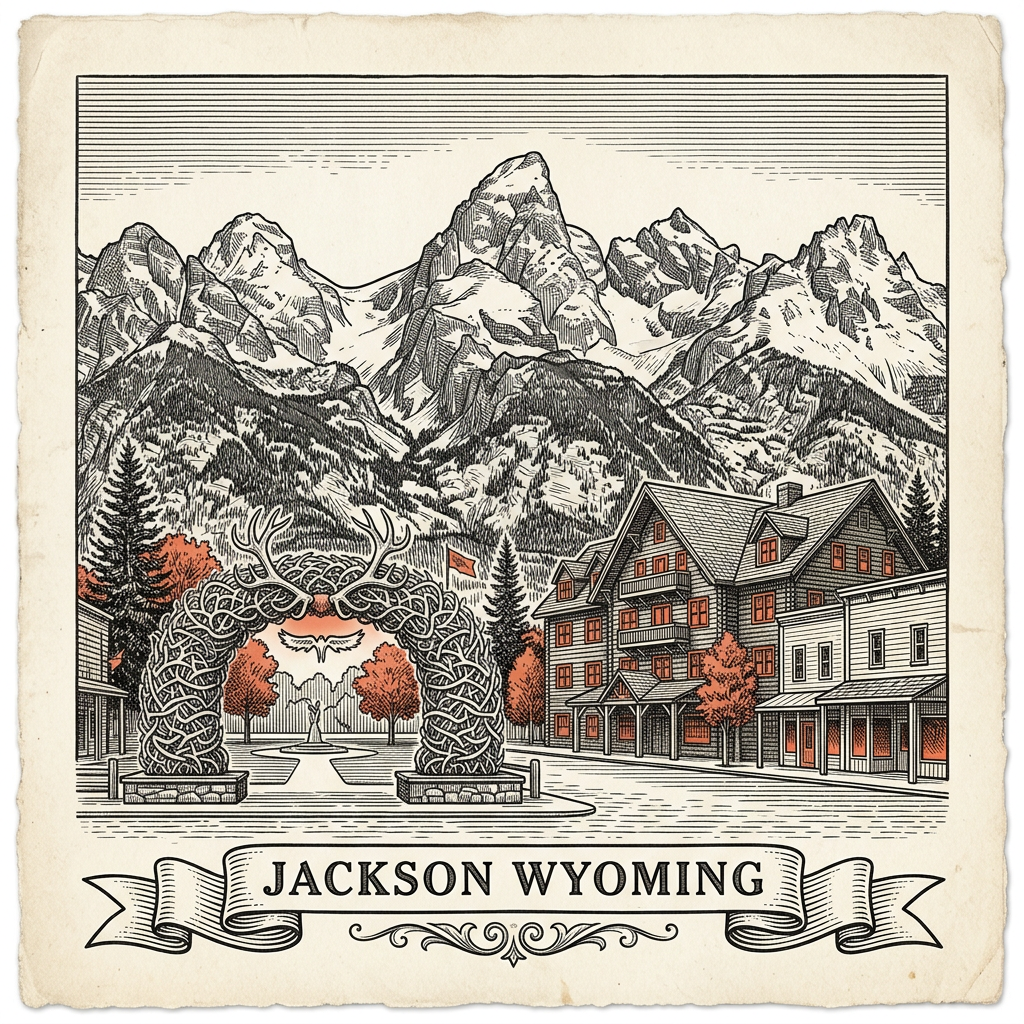 Engraved Jackson WY city illustration – Official Translations certified translation services from $29.95 per page
