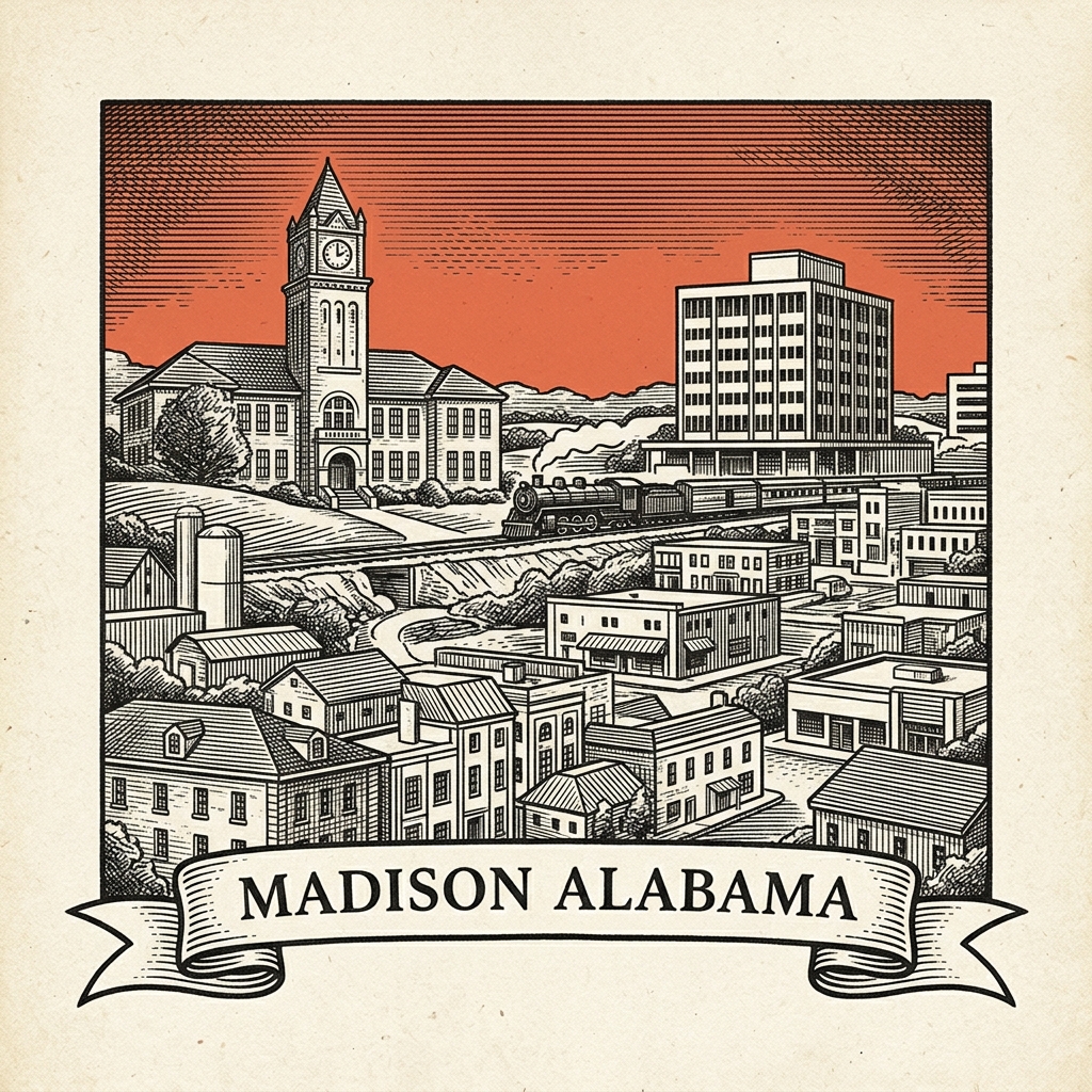 Engraved Madison AL city illustration – Official Translations certified translation services from $29.95 per page