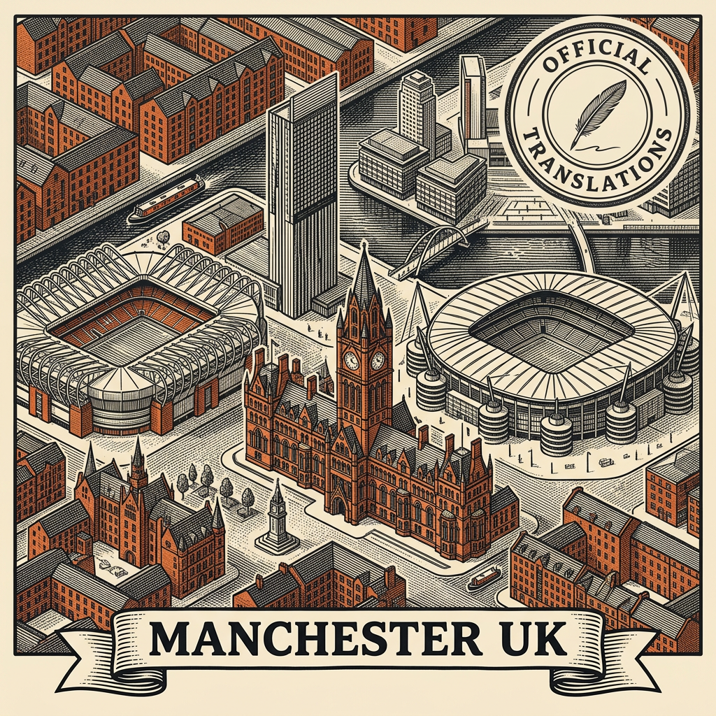 Engraved Manchester UK city illustration – Town Hall clock tower, Beetham Tower, Old Trafford, Etihad Stadium, Northern Quarter – Official Translations certified translation services from £29.95 per page