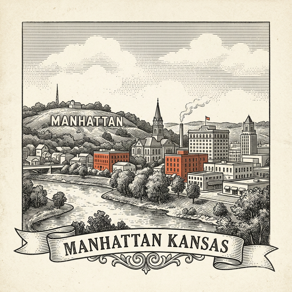 Engraved Manhattan KS city illustration – Official Translations certified translation services from $29.95 per page