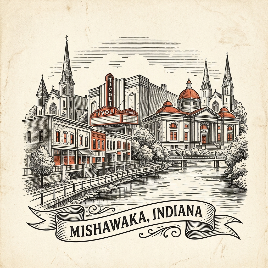 Engraved Mishawaka IN city illustration – Official Translations certified translation services from $29.95 per page
