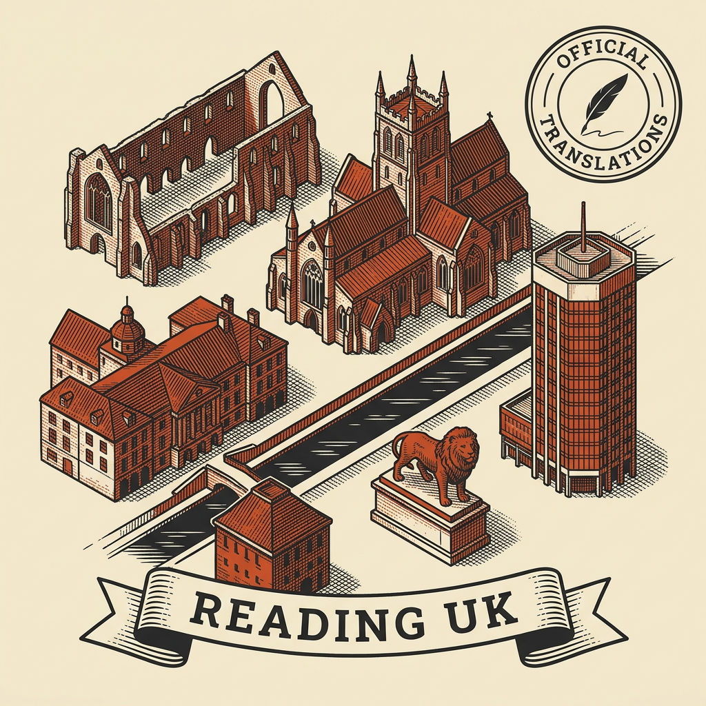 Engraved Reading England city illustration – Reading Abbey Ruins, Reading Minster, Kennet and Avon Canal, Maiwand Lion (Forbury Gardens), Blade office tower – Official Translations certified translation services from £29.95 per page