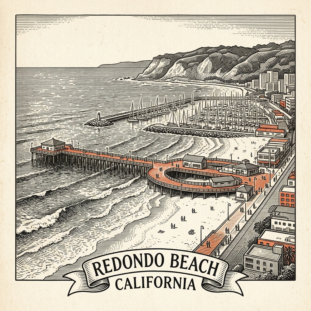 Engraved Redondo Beach CA city illustration – Official Translations certified translation services from $29.95 per page