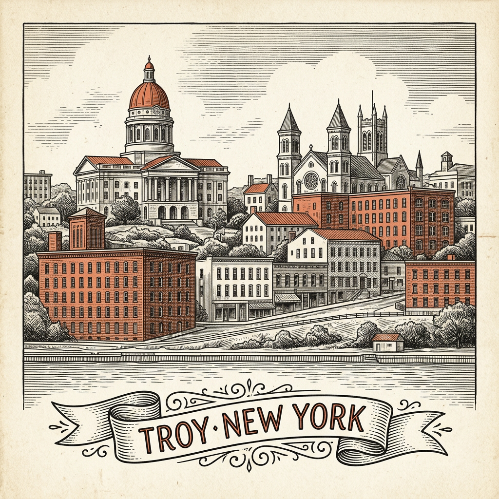 Engraved Troy NY city illustration – Official Translations certified translation services from $29.95 per page